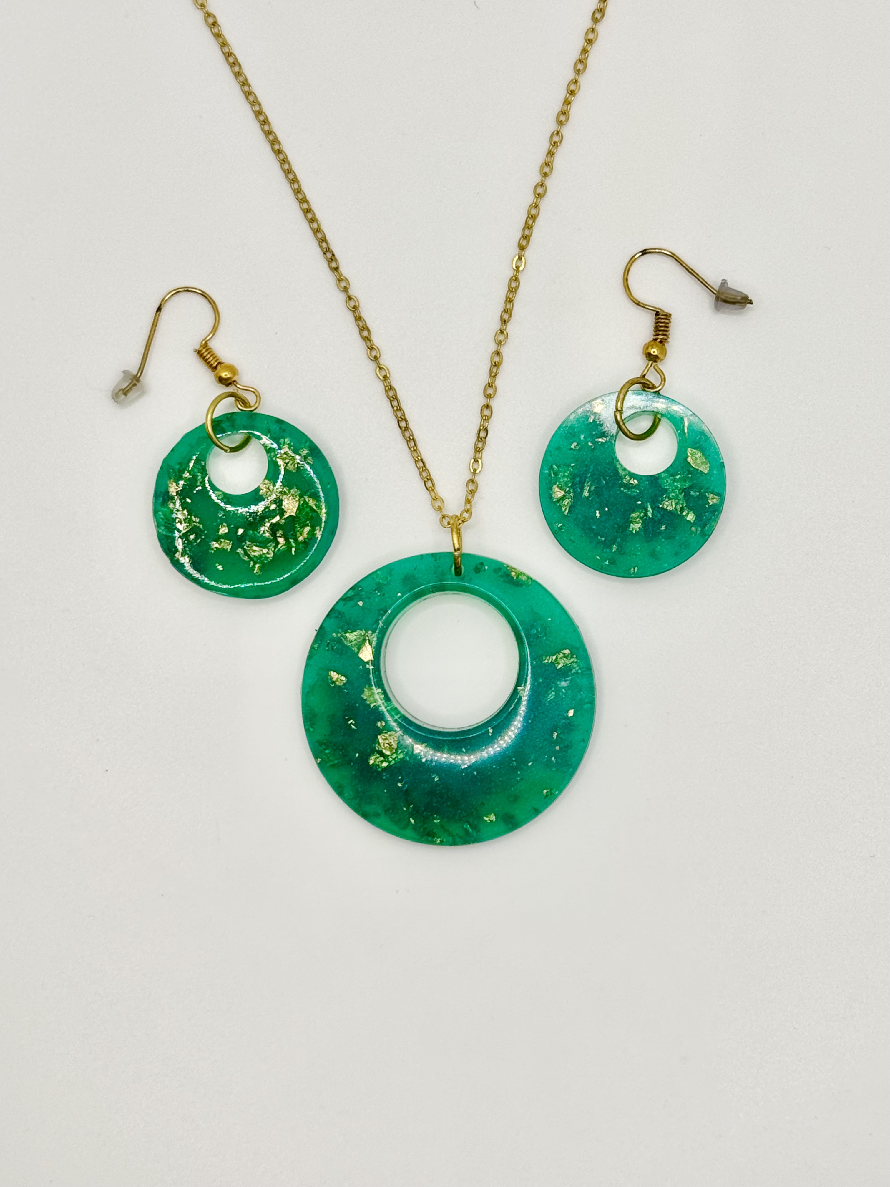 Resin Necklace & Earrings Set - Green Circles
