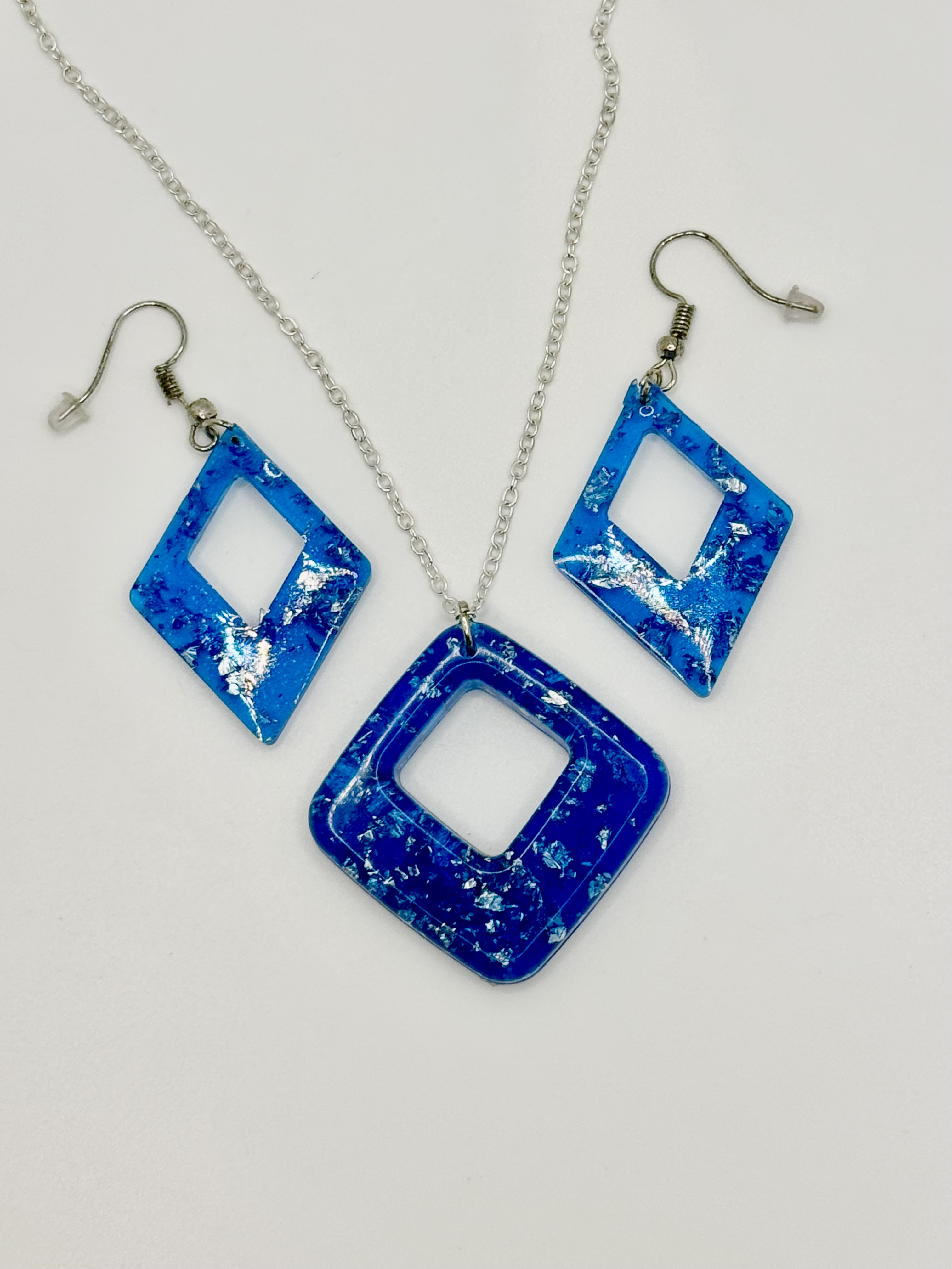 Resin Necklace & Earring set - Blue Squares