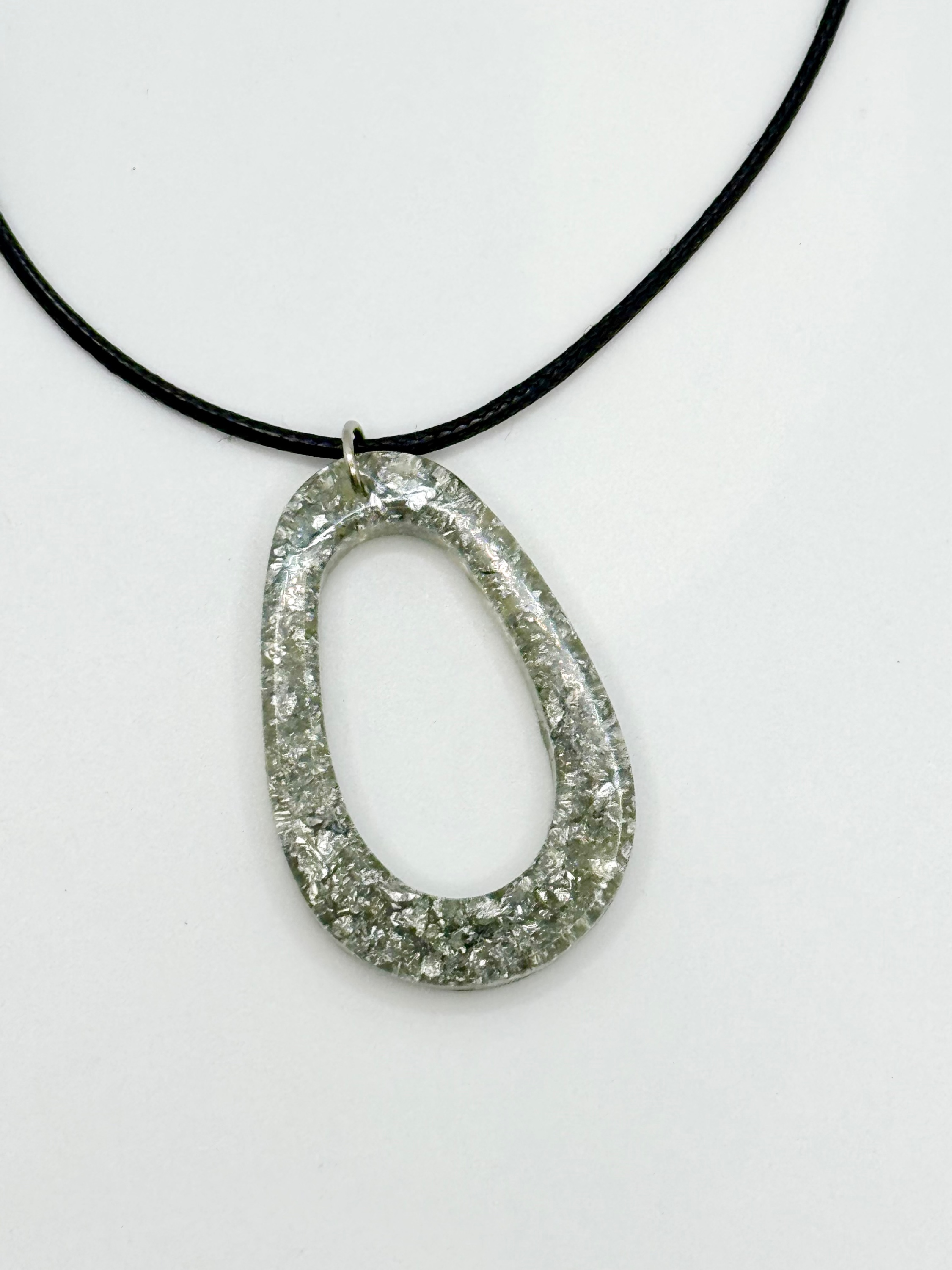 Resin Necklace Silver Flake Oval