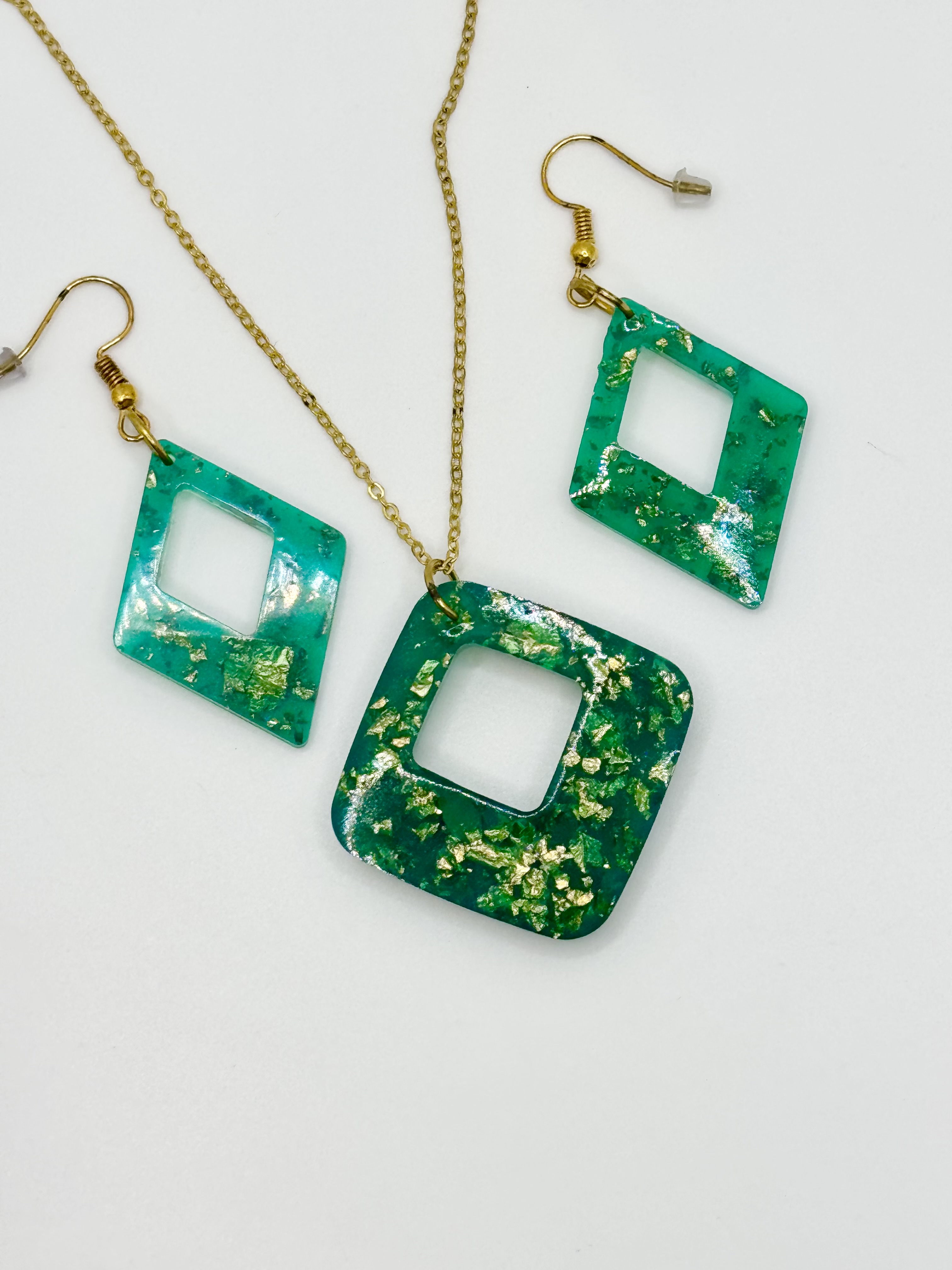 Resin Necklace & Earrings Set - Green Squares