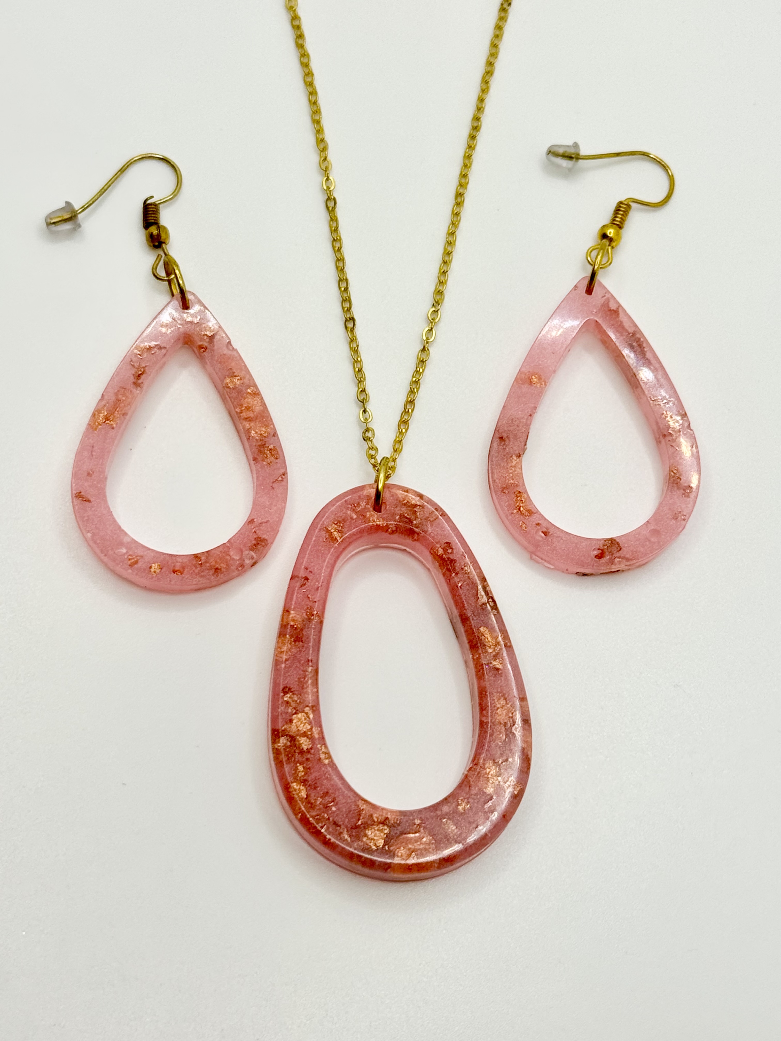 Resin Necklace & Earrings Set - Pink Oval
