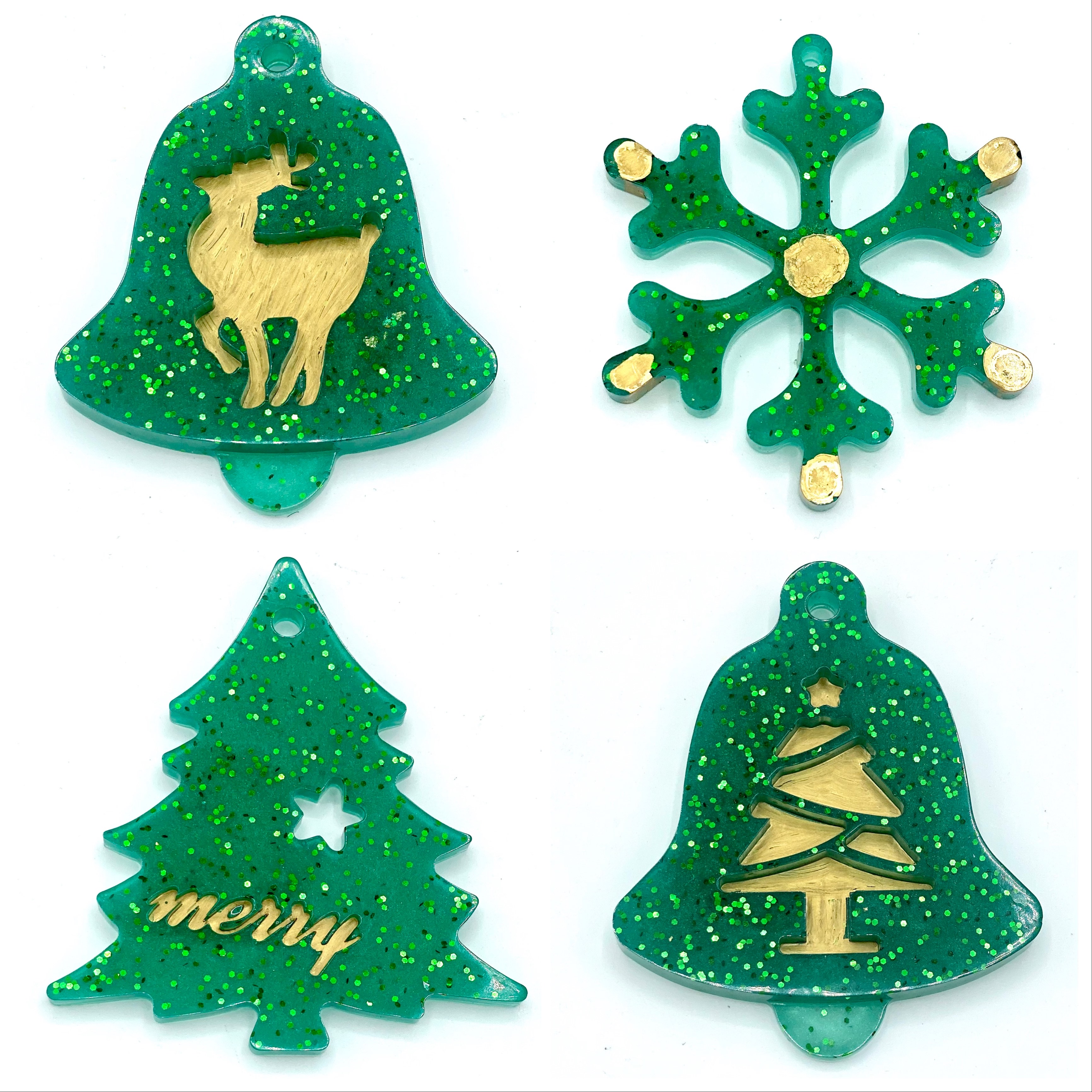 Resin Christmas Decoration in Green - Bell, Tree, Snowflake