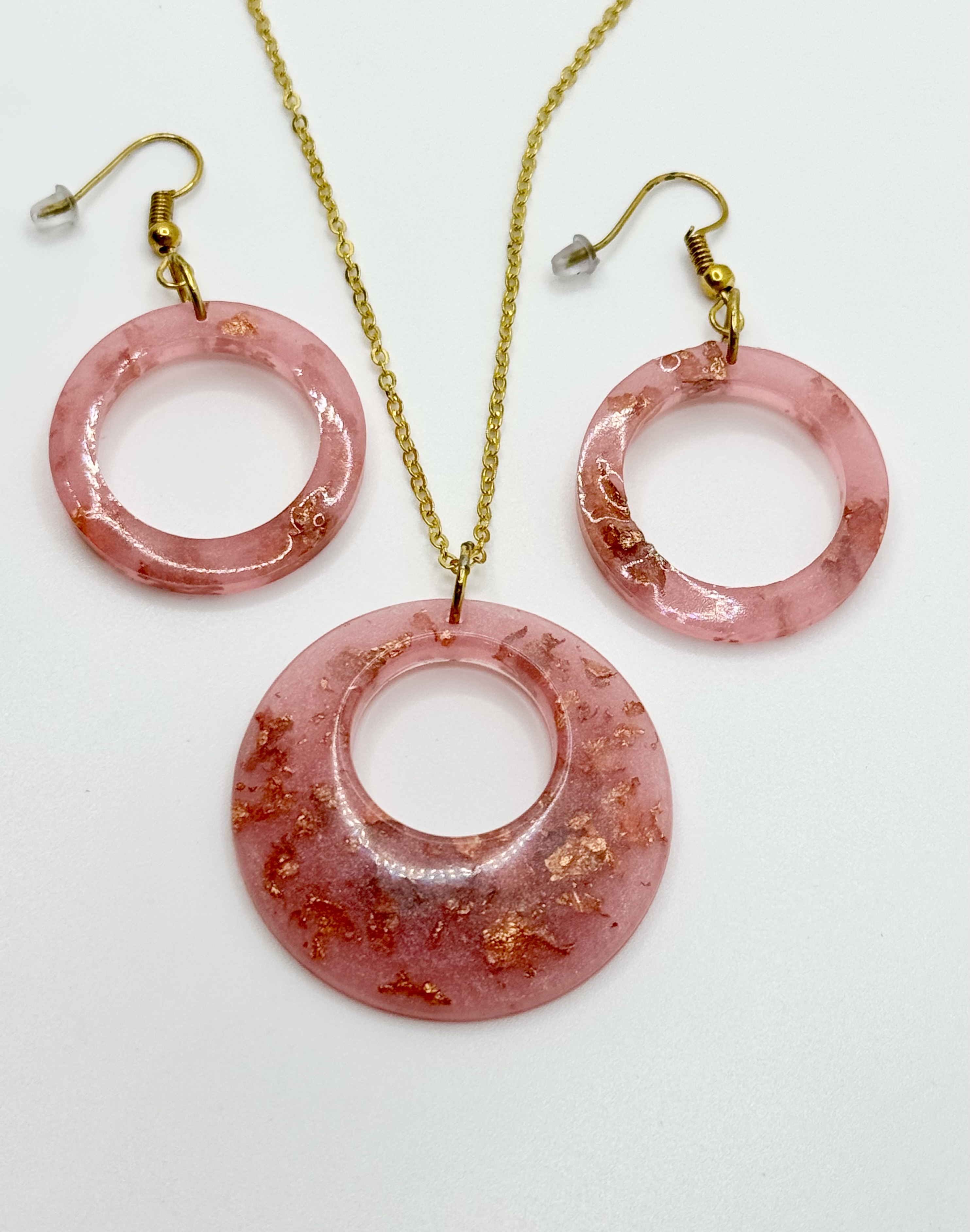 Resin Necklace & Earrings Set - Pink Circles