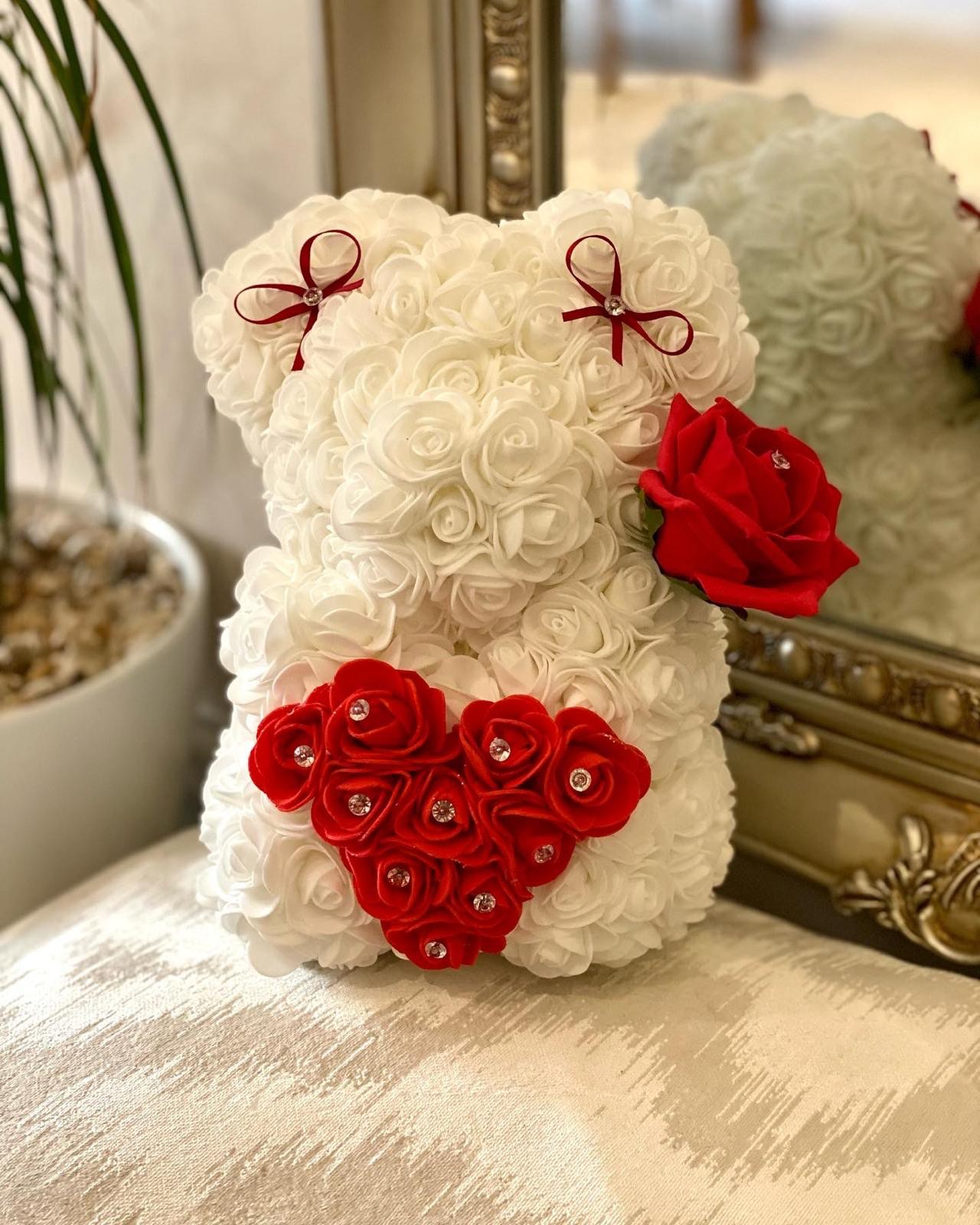 Cream rose bear with a red rose heart
