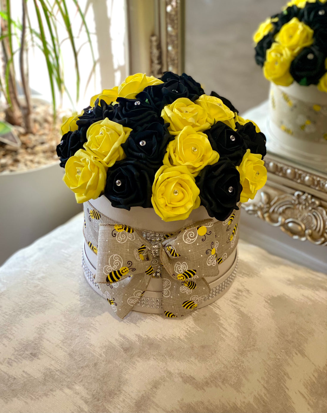 Bee Cream Hat Box with Yellow & Black Roses