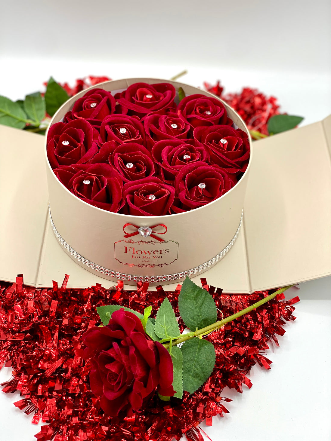 Cream Round Surprise Gift Hat Box with Red Roses