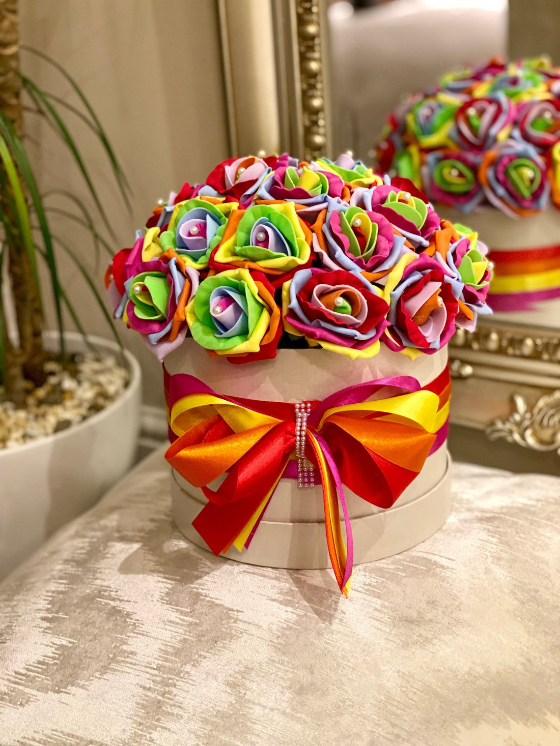 Cream Hat Box with Rainbow Roses