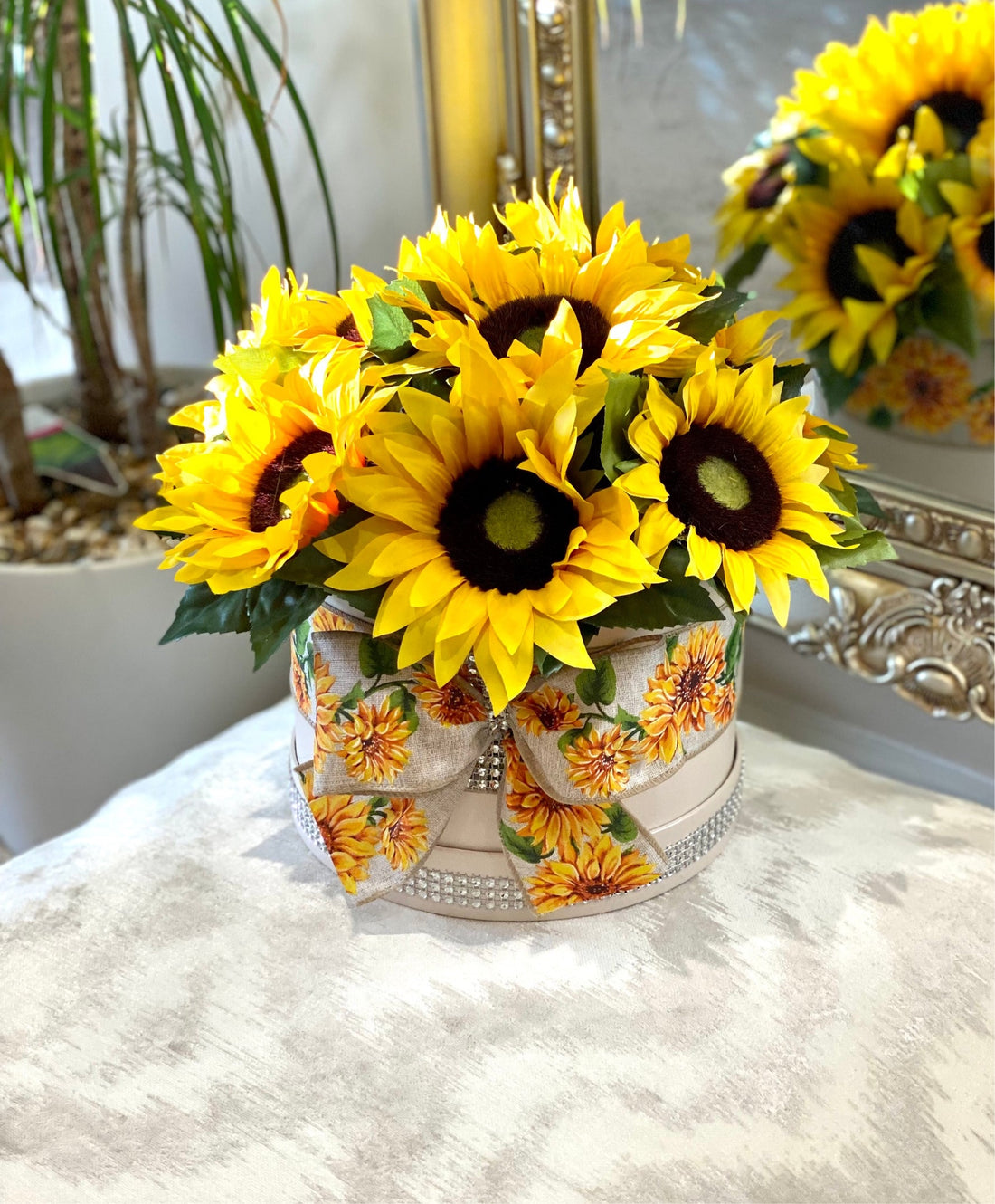 Cream Hat Box with Sunflowers