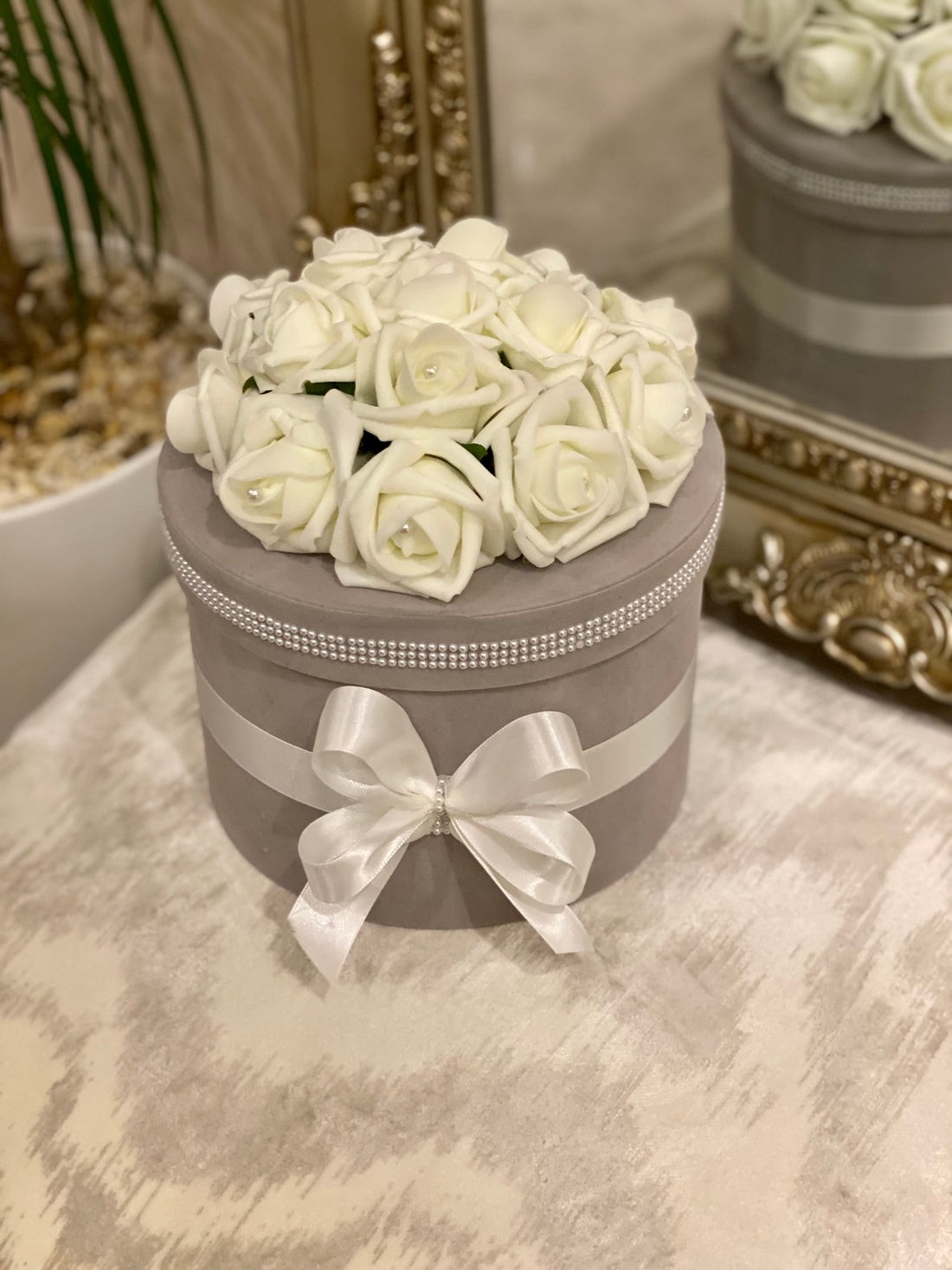 Velvet Grey Storage Hat Box with Cream Roses on Top